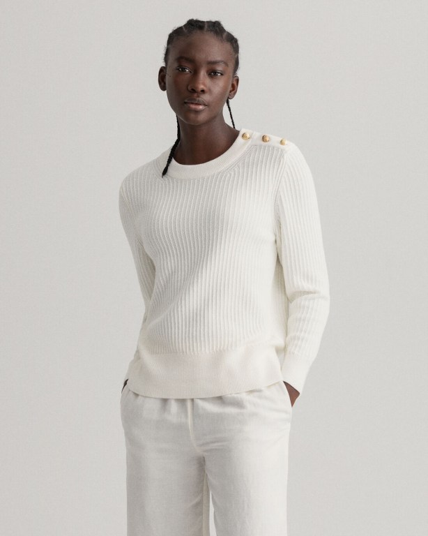 Gant Ribbed Piqué Crew Neck Women's Crew Neck Jumpers White | nRV0ZVvWeax