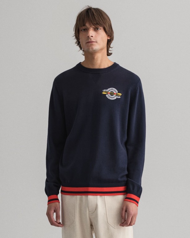 Gant Rough Weather Crest Crew Neck Men's Crewneck Jumpers Blue | JhJzaFGTM9c