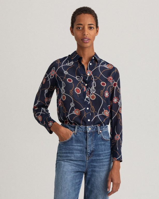 Gant Sailing Print Cotton Silk Women's Shirts Blue | KZ3WtUBlF81