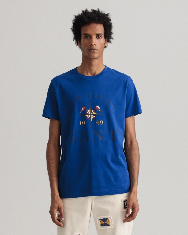 Gant Sailing Print Men's T-shirts Blue | L9QlirO9zJU