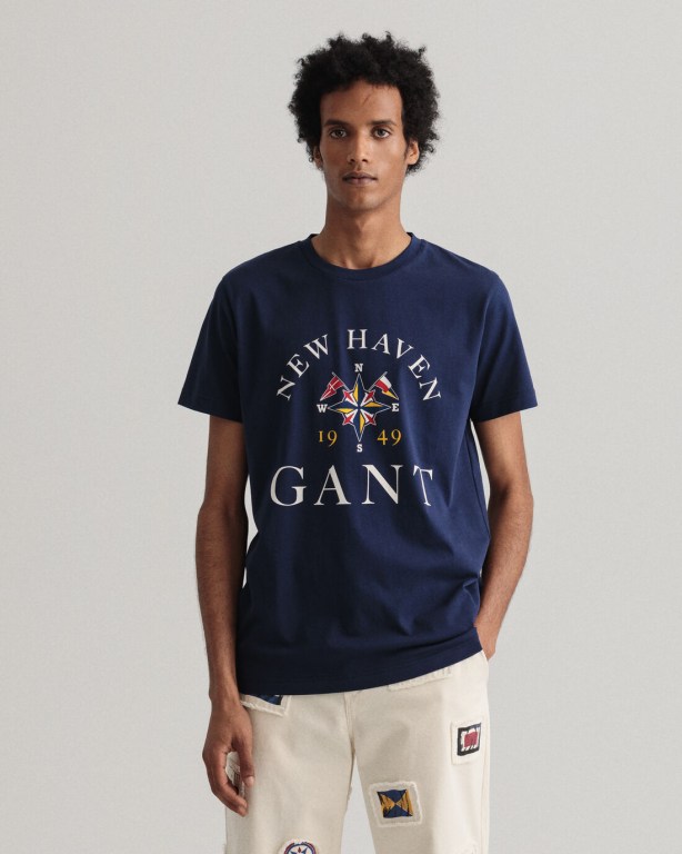 Gant Sailing Print Men's T-shirts Blue | gAkeU6rktU4