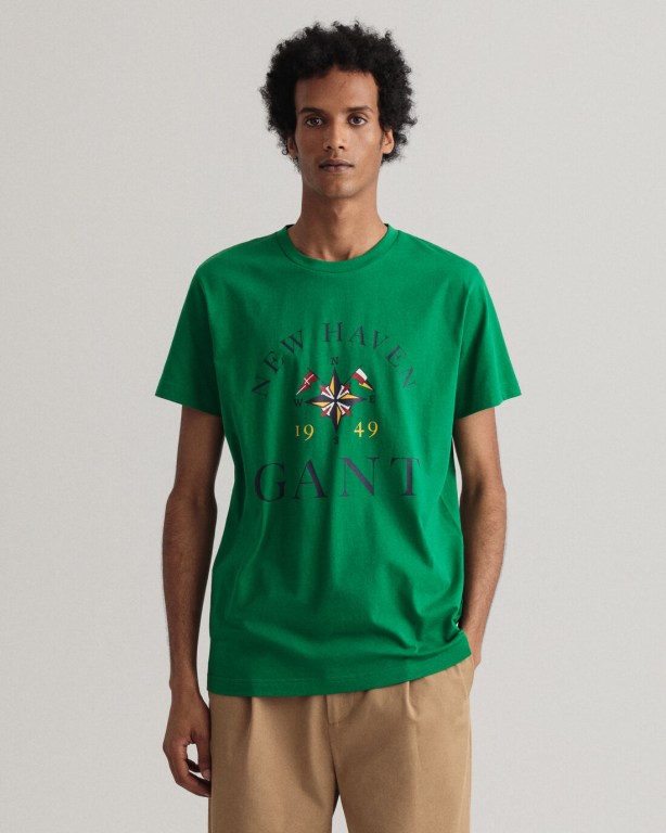 Gant Sailing Print Men's T-shirts Green | ngPq2u9ogrw