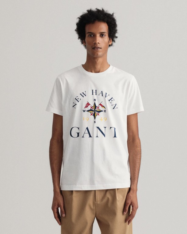 Gant Sailing Print Men's T-shirts White | Bwvn9itwFeX