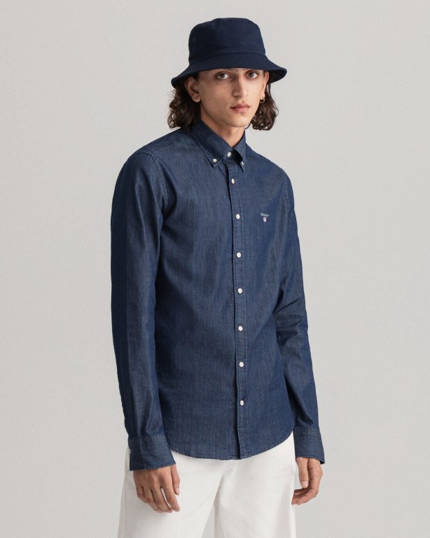 Gant Slim Fit Indigo Men's Shirts Dark Indigo | LawMh9YMiEh