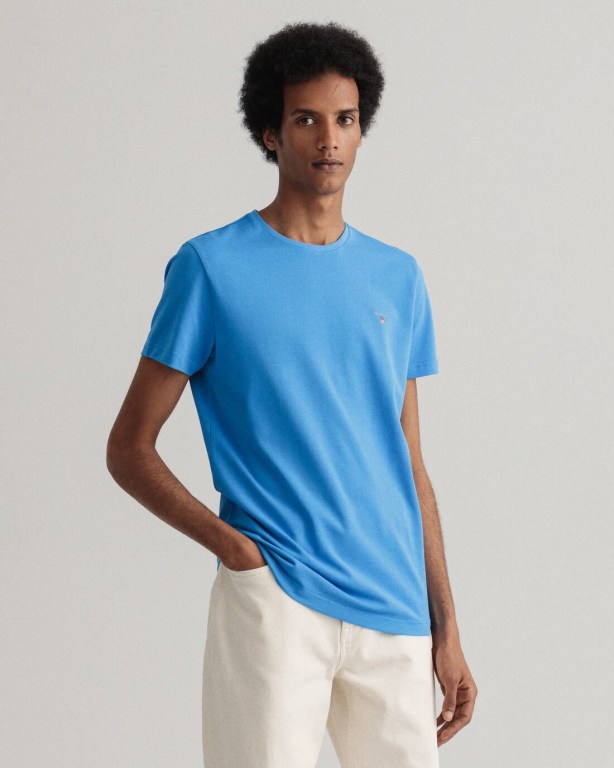 Gant Slim Fit Piqué Men's T-shirts Blue | MuxpngB2BUP