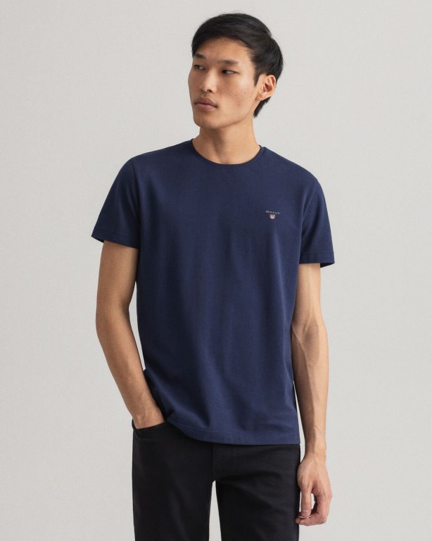 Gant Slim Fit Piqué Men's T-shirts Blue | lS7TXatREfx