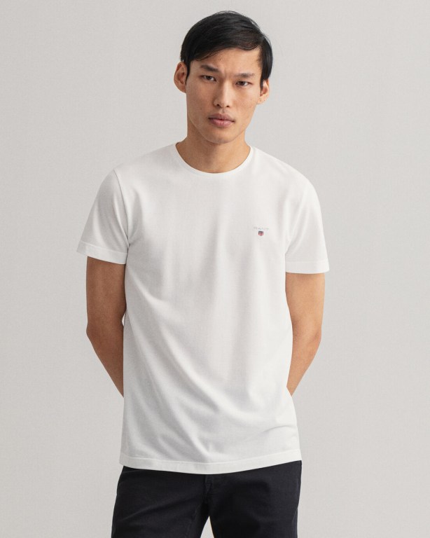 Gant Slim Fit Piqué Men's T-shirts White | f6r58qDkys9