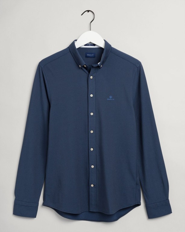 Gant Slim Fit Tech Prep™ Piqué Men's Shirts Dark Blue | IUwqUgeVHFg