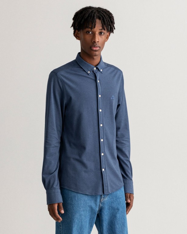 Gant Slim Fit Tech Prep™ Piqué Men's Shirts Blue | lbwJraiXIDD