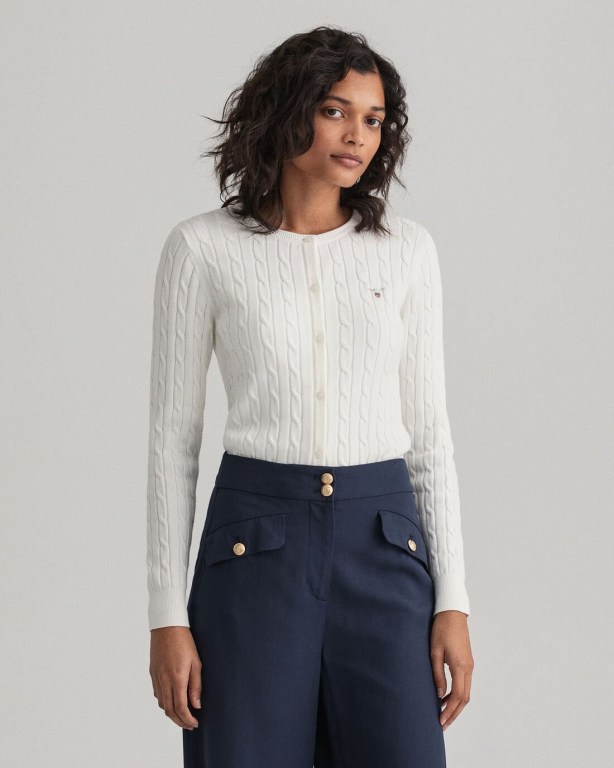 Gant Stretch Cotton Cable Cardigan Women's Cable Knit Jumpers White | jjEzM0JrVcm