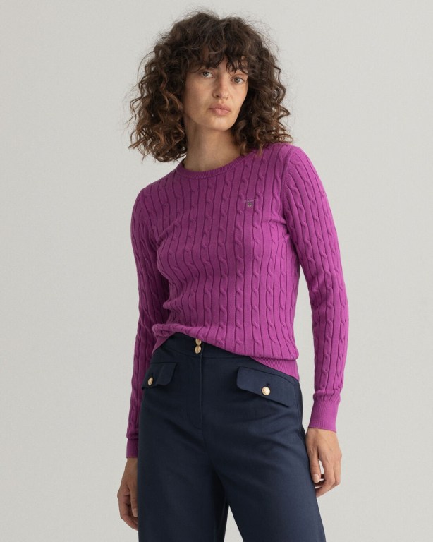 Gant Stretch Cotton Cable Crew Neck Women's Crew Neck Jumpers Purple | 111sqGcPPfR