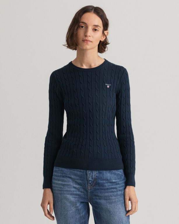 Gant Stretch Cotton Cable Crew Neck Women's Crew Neck Jumpers Blue | 1TdQNbn8rW1