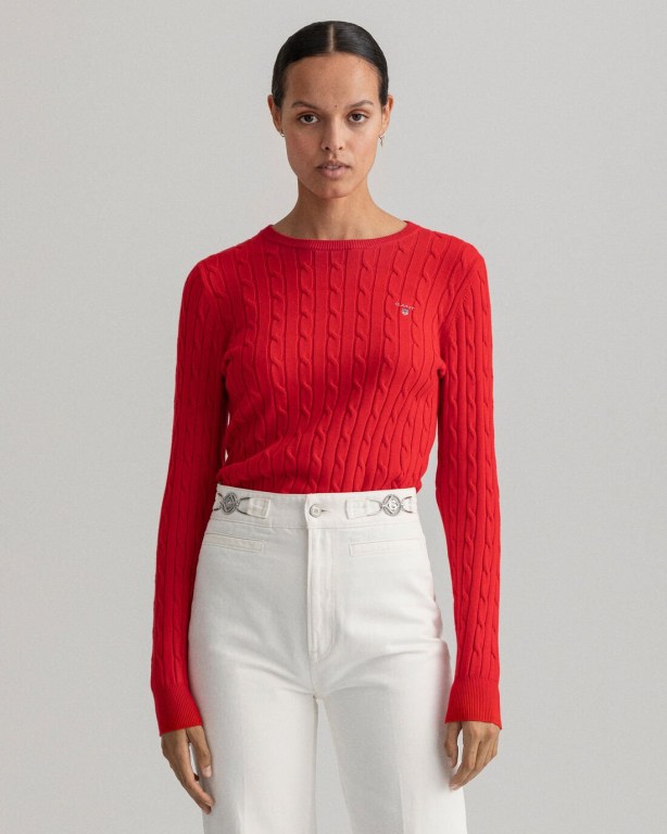 Gant Stretch Cotton Cable Crew Neck Women's Crew Neck Jumpers Light Red | EXrg78zskBP