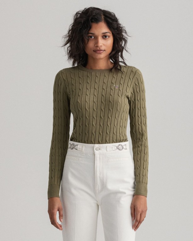 Gant Stretch Cotton Cable Crew Neck Women's Cable Knit Jumpers Green | GHIpRFrdfoq