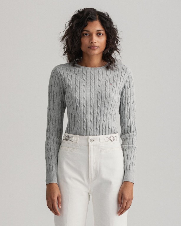 Gant Stretch Cotton Cable Crew Neck Women's Crew Neck Jumpers Light Grey | dxJFmY3xv7R