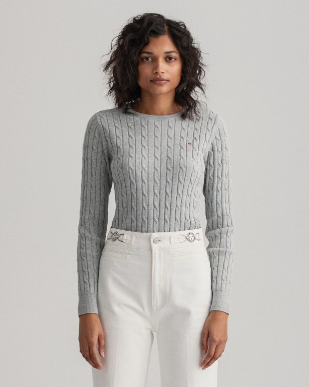 Gant Stretch Cotton Cable Crew Neck Women's Cable Knit Jumpers Light Grey | qmfhVXEMTMT