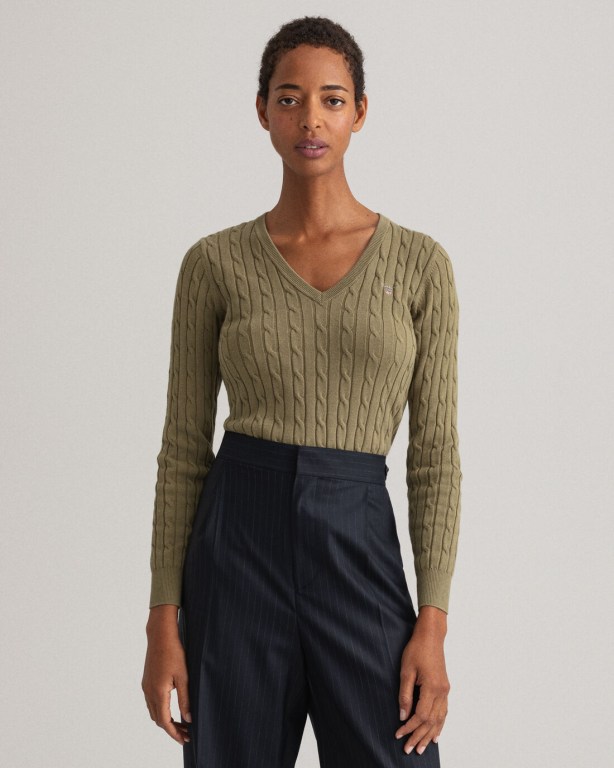 Gant Stretch Cotton Cable V-Neck Women's Cable Knit Jumpers Green | B0xWezboqrB