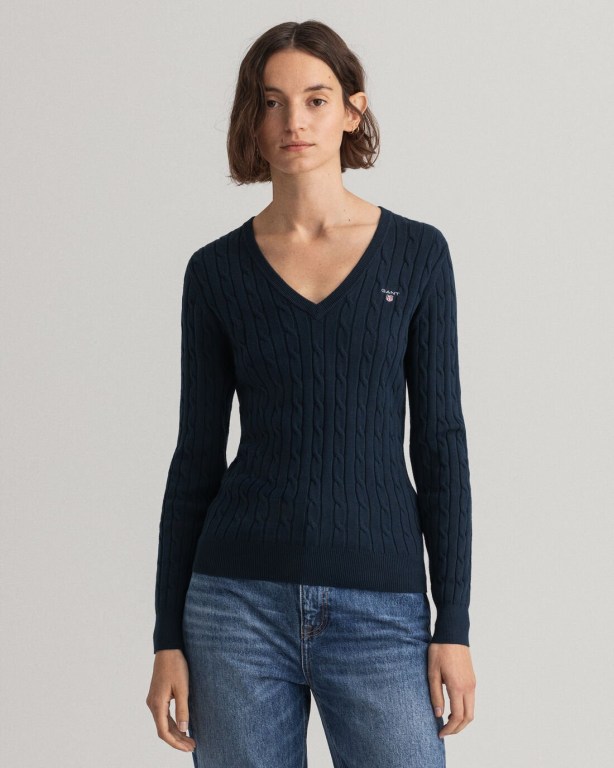 Gant Stretch Cotton Cable V-Neck Women's Cable Knit Jumpers Blue | PFxLeoJ0dgc