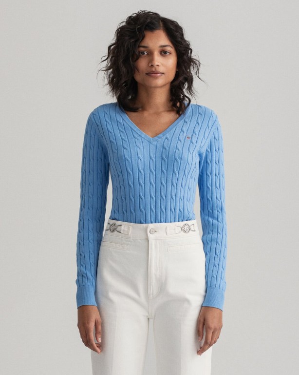 Gant Stretch Cotton Cable V-Neck Women's Cable Knit Jumpers Silver Blue | cmLxlOJdKOu