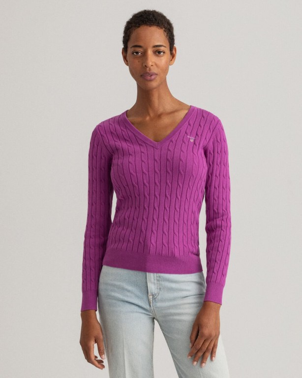 Gant Stretch Cotton Cable V-Neck Women's Cable Knit Jumpers Purple | tLwue4xUW4f