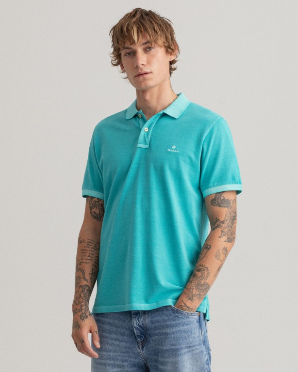 Gant Sunfaded Piqué Men's Polo Shirts Light Turquoise Green | QRsJlmjrFb2