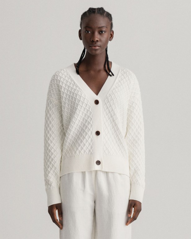 Gant Texture Cotton Women's Cardigans White | TDzwajkg3Tq