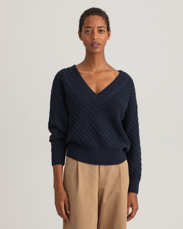 Gant Texture Cotton Women's V-neck Jumpers Blue | bH8Qe2YEVYT