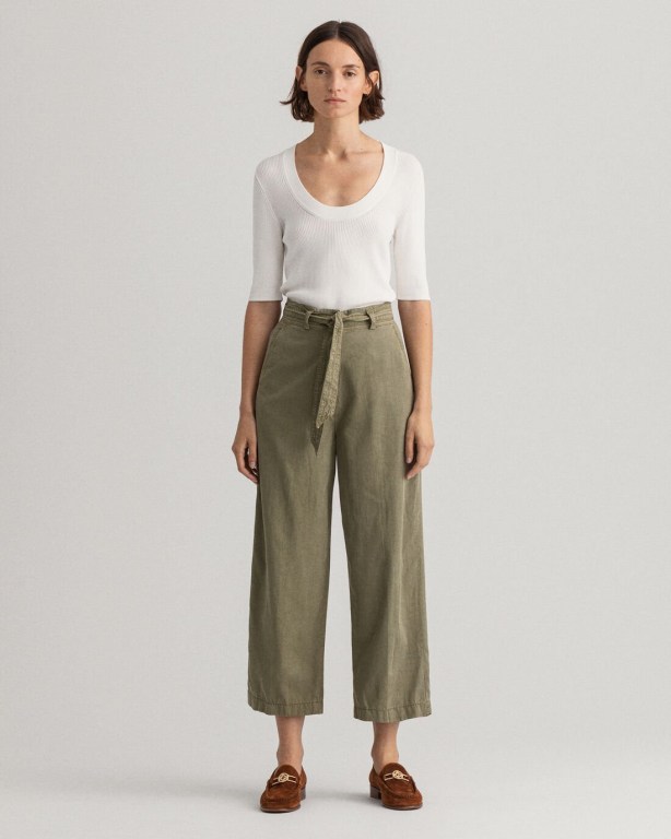 Gant Tie Belt Fluid Cropped Women's Pants Green | fyUgwQTCGj1