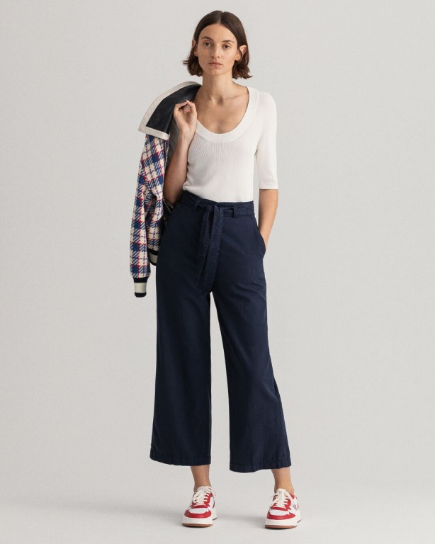 Gant Tie Belt Fluid Cropped Women's Pants Blue | ssSjDAEotih