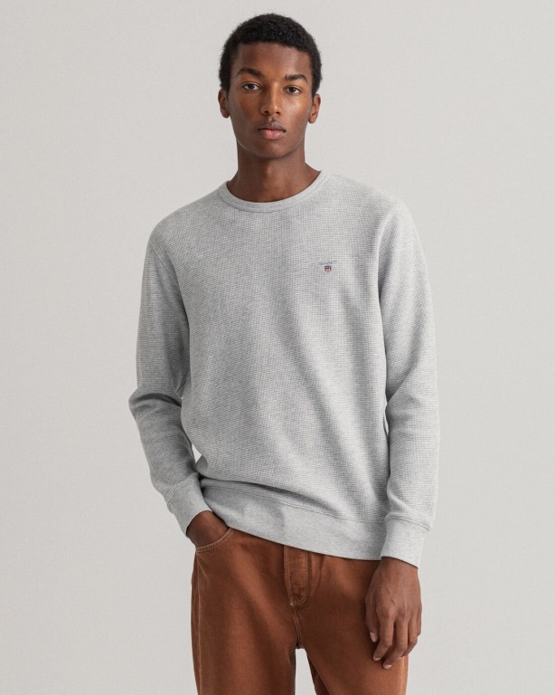 Gant Waffle Crew Neck Men's Sweatshirts Light Grey | 9I3IvnxBLc8