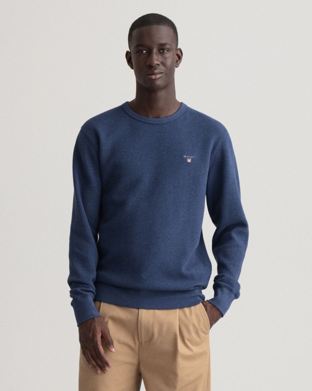 Gant Waffle Crew Neck Men's Sweatshirts Dark Blue | GgL149Wro4x