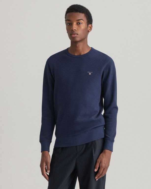 Gant Waffle Crew Neck Men's Sweatshirts Blue | QQ5YIgllV2K