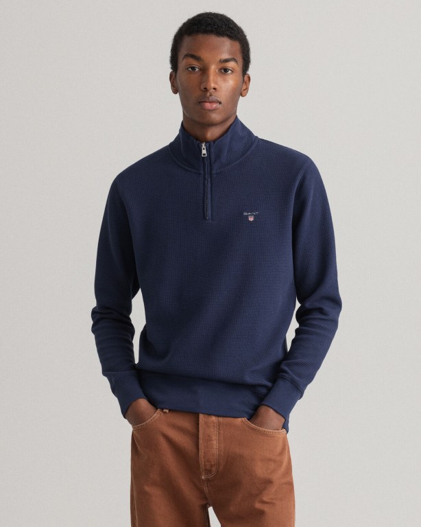 Gant Waffle Half-Zip Men's Sweatshirts Blue | D2VLlSx0Huk