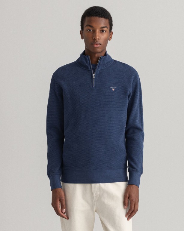 Gant Waffle Men's Half Zip Sweatshirts Dark Blue | bx0ADDuWUIj