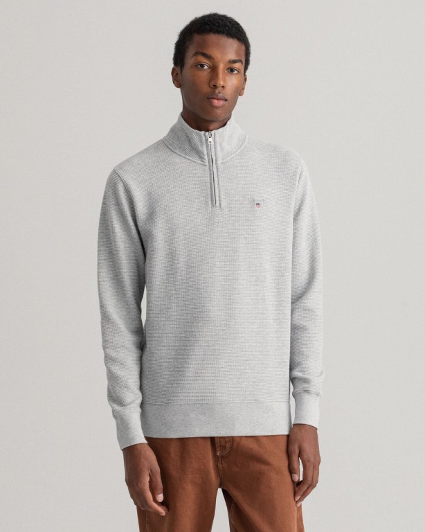 Gant Waffle Men's Half Zip Sweatshirts Light Grey | w5GqICar8xN