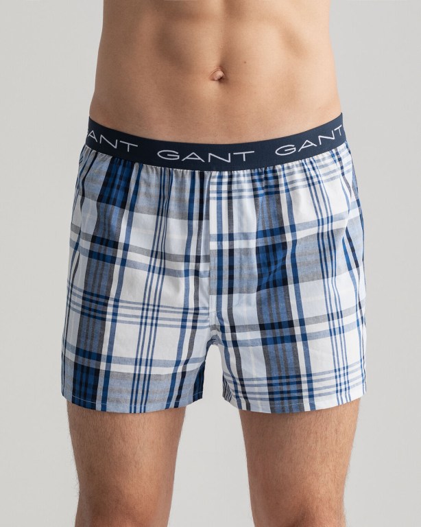 Gant 2-Pack Check & Madras Boxer Shorts Men's Underwear Blue | nxubNbyEuxS