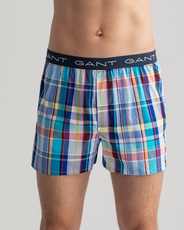 Gant 2-Pack Check & Madras Boxer Shorts Men's Underwear Blue | nxubNbyEuxS