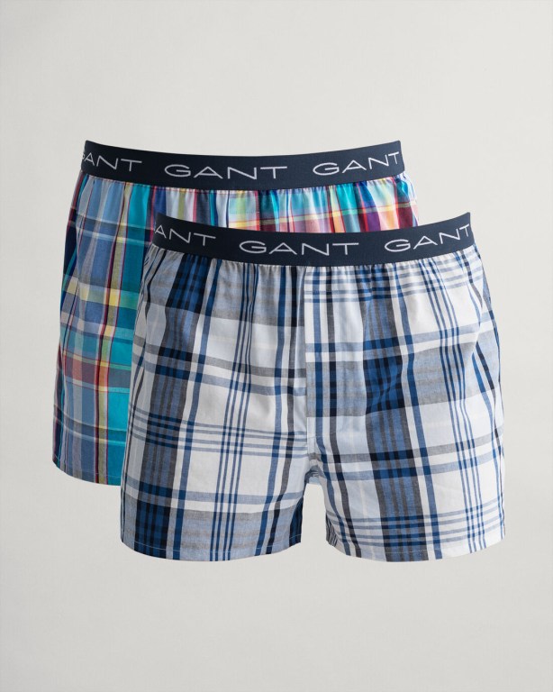 Gant 2-Pack Check & Madras Boxer Shorts Men\'s Underwear Blue | nxubNbyEuxS