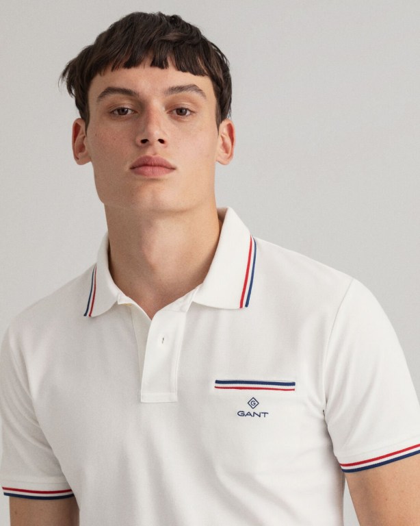 Gant 3-Color Tipping Piqué Men's Polo Shirts White | hQZgr6cE3YM