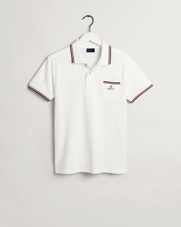 Gant 3-Color Tipping Piqué Men's Polo Shirts White | hQZgr6cE3YM