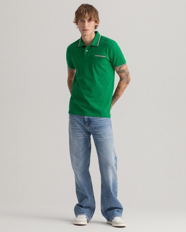 Gant 3-Color Tipping Piqué Men's Polo Shirts Green | uCKgQ5PNa4r