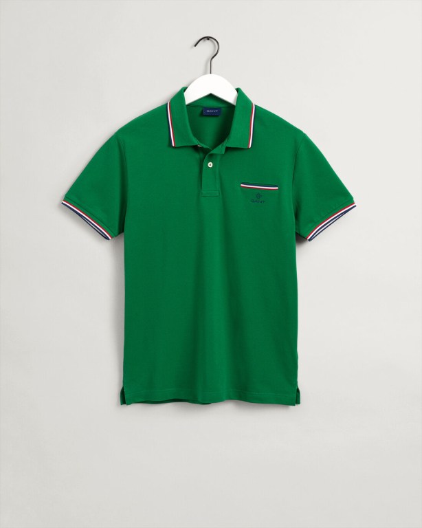 Gant 3-Color Tipping Piqué Men's Polo Shirts Green | uCKgQ5PNa4r