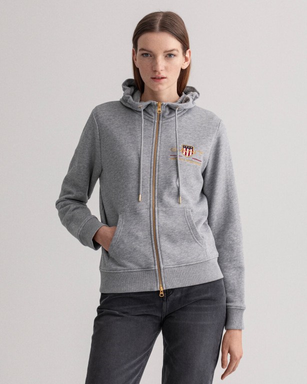 Gant Archive Shield Full-Zip Women\'s Hoodies Grey | jTL5nCFOMqz