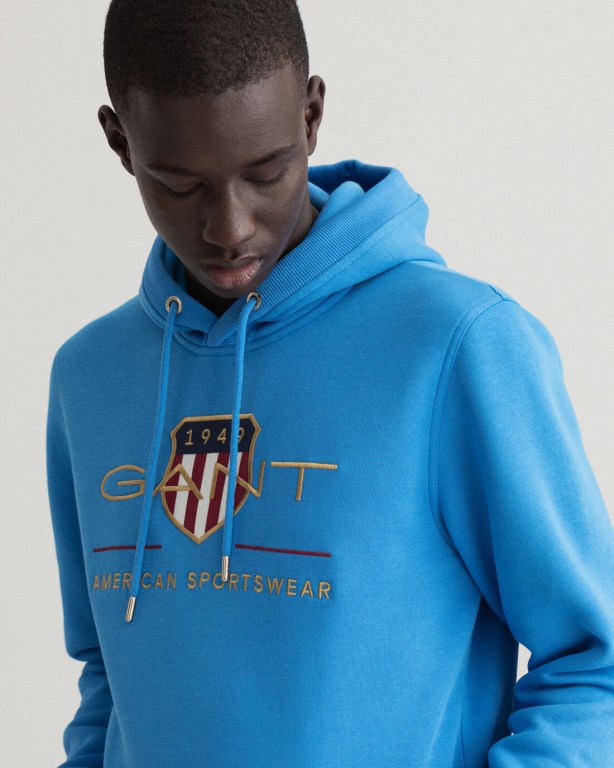 Gant Archive Shield Men's Hoodies Blue | S0wrgL3M4mi