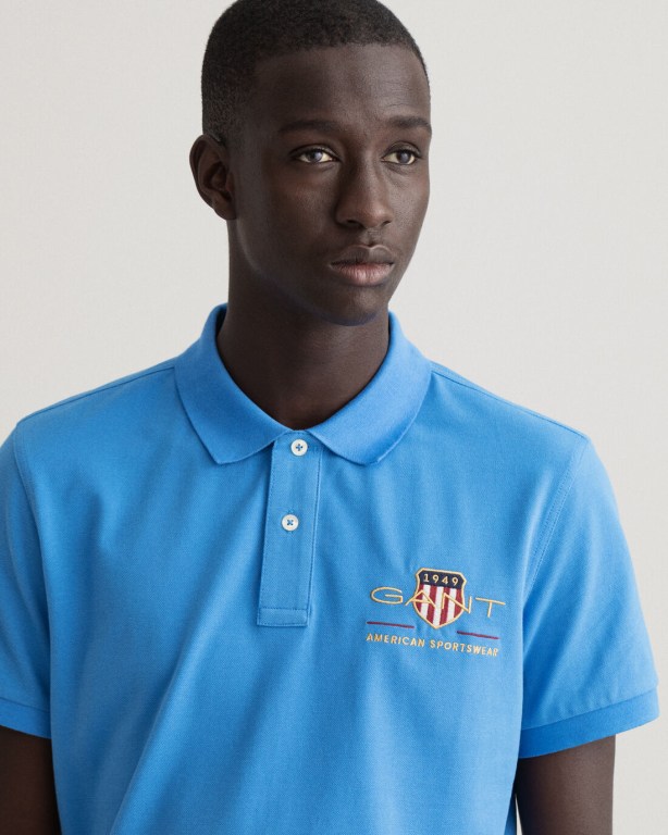 Gant Archive Shield Piqué Men's Polo Shirts Blue | urHnue3eA0o