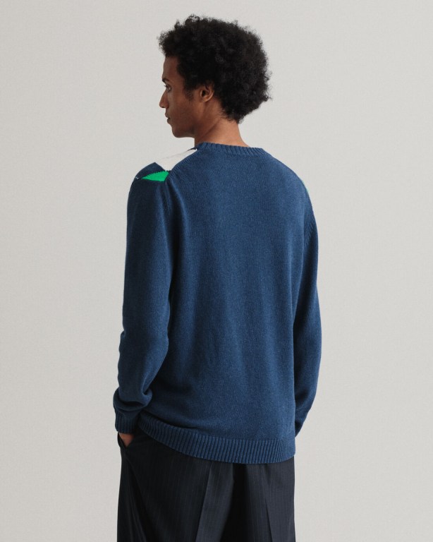 Gant Argyle Crew Neck Men's Crewneck Jumpers Blue | YvQaVEZGcTK