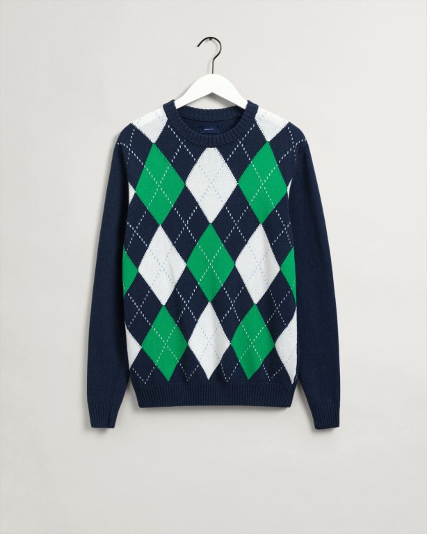 Gant Argyle Crew Neck Men's Crewneck Jumpers Blue | YvQaVEZGcTK