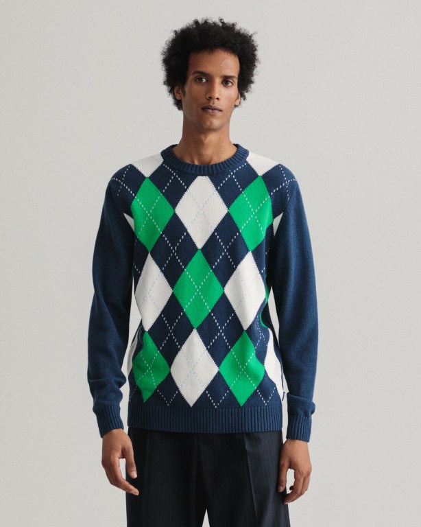 Gant Argyle Crew Neck Men\'s Crewneck Jumpers Blue | YvQaVEZGcTK