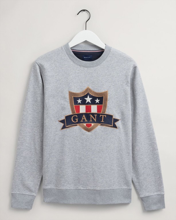 Gant Banner Shield Crew Neck Men's Sweatshirts Grey | cVZr7p4socG