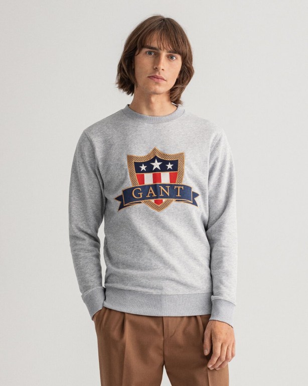 Gant Banner Shield Crew Neck Men\'s Sweatshirts Grey | cVZr7p4socG